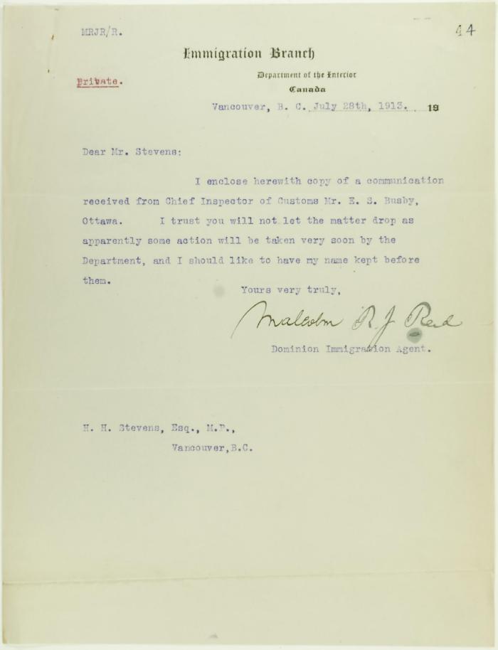 Letter from Malcolm Reid to Stevens re his advancement in immigration work