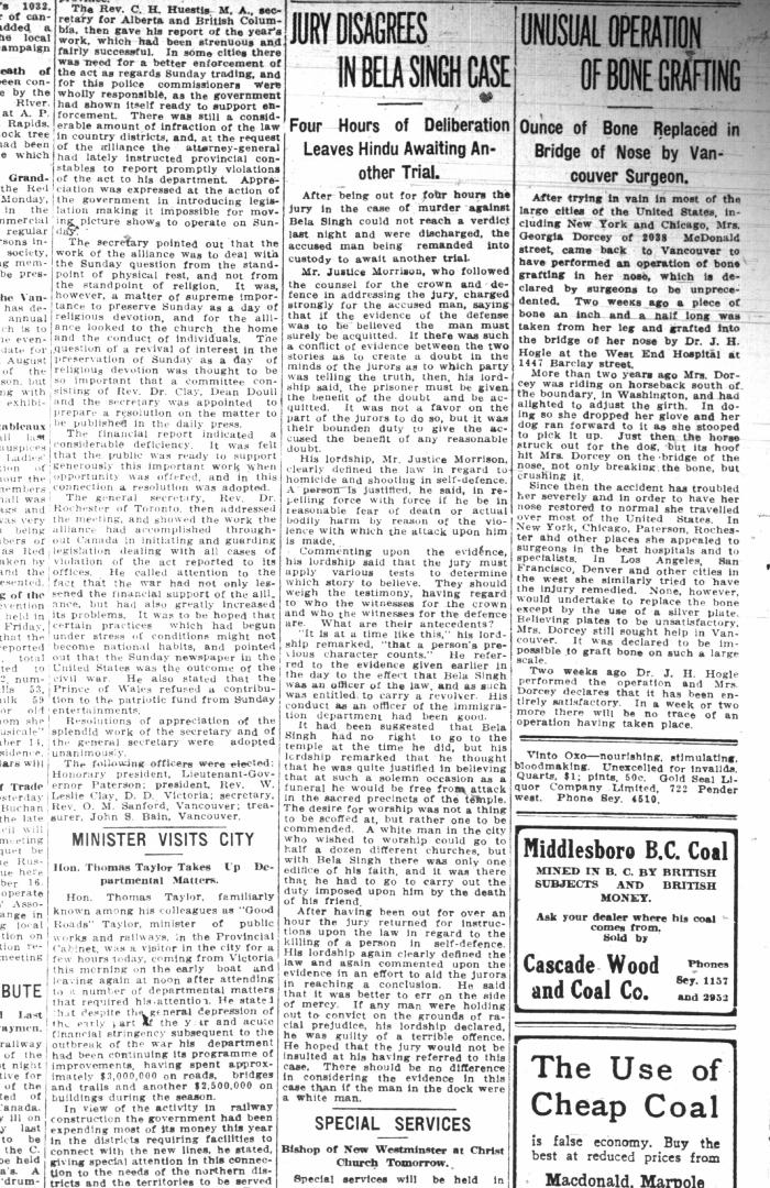 Newsclipping - Vancouver Daily Province: Jury disagrees in Bela Singh case. Page 24