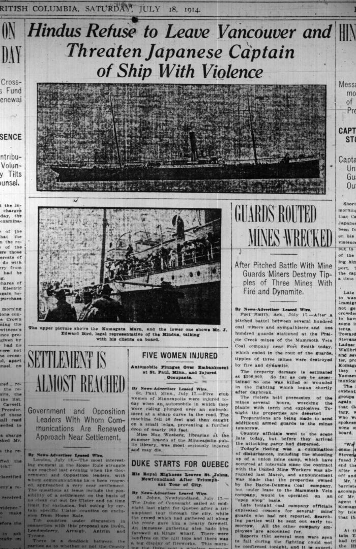 Newsclipping - Vancouver News-Advertiser: Hindus refuse to leave Vancouver and threaten Japanese captain of ship with violence