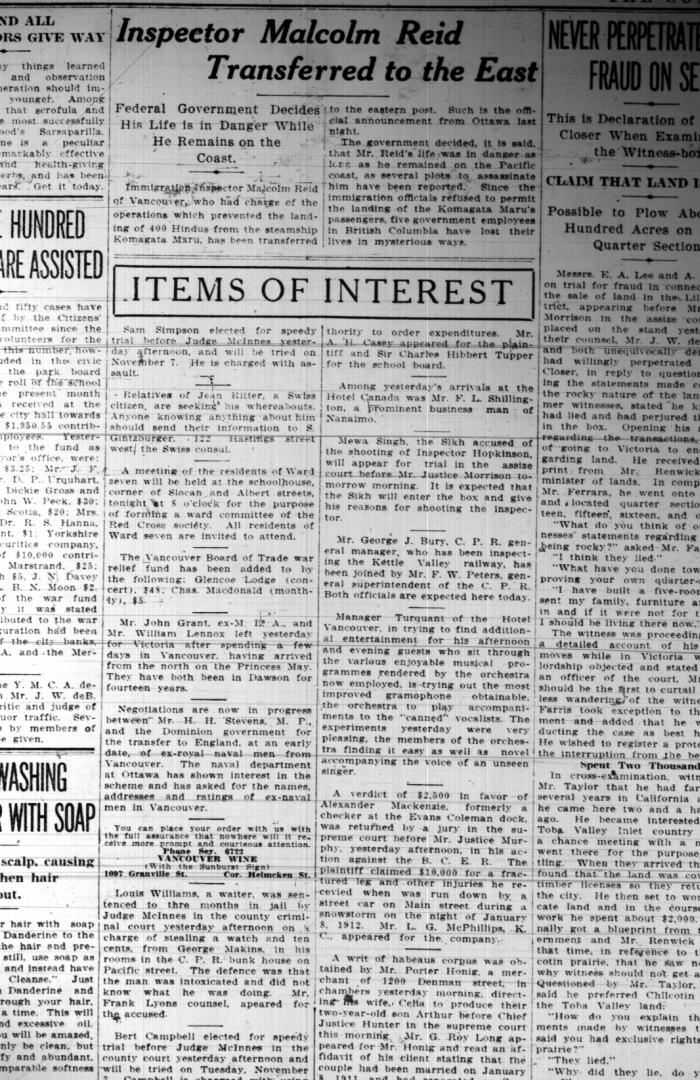 Newsclipping - Vancouver Sun: Inspector Malcolm Reid transferred to the East. Page 2