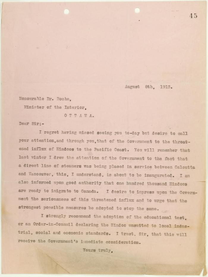Copy of letter, unsigned, to Dr. Roche, Minister of the Interior re threatened influx of Hindus to Pacific Coast