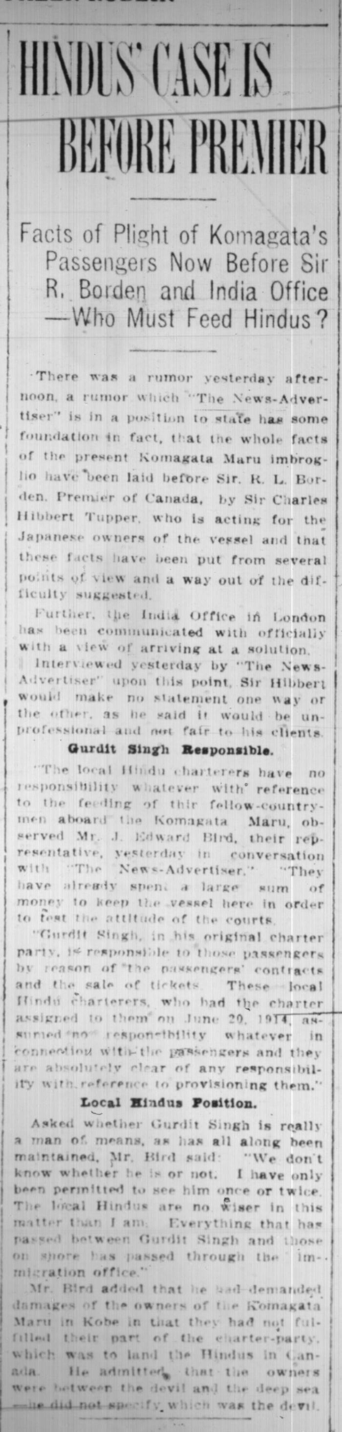 Newsclipping - Vancouver News-Advertiser: Hindus' case is before Premier. Page 1