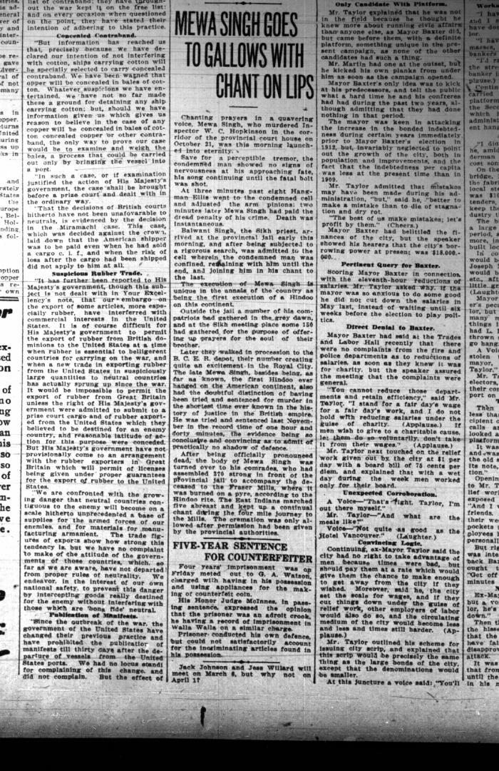 Newsclipping - Vancouver World: Mewa Singh goes to gallows with chant on lips. Page 2