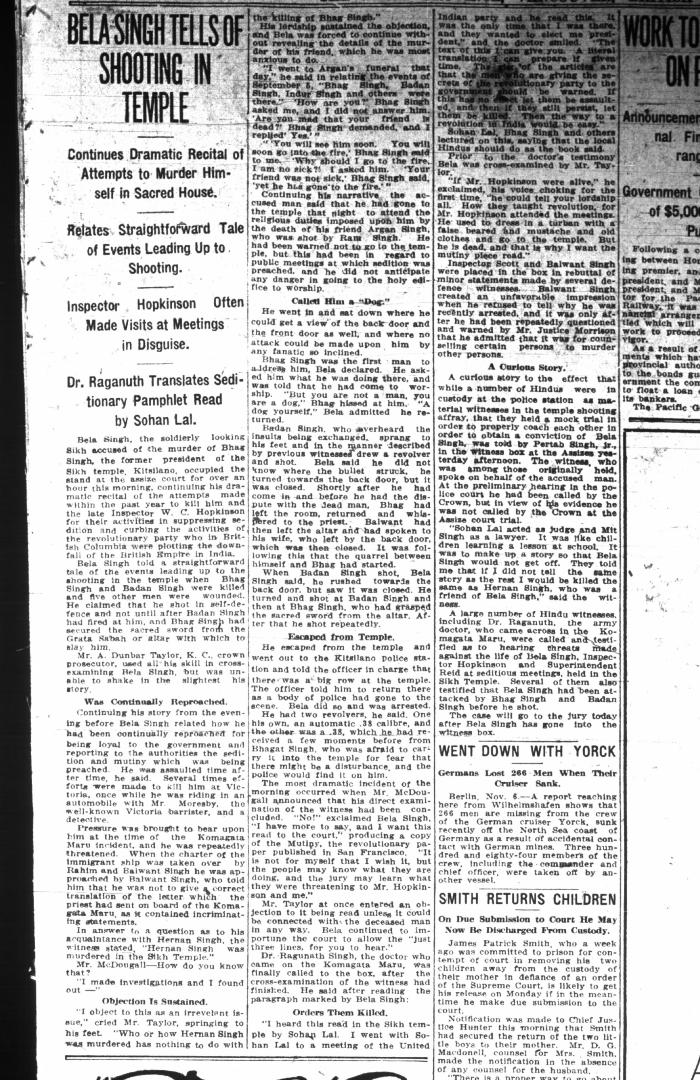 Newsclipping - Vancouver Daily Province: Bela Singh tells of shooting in temple. Page 7