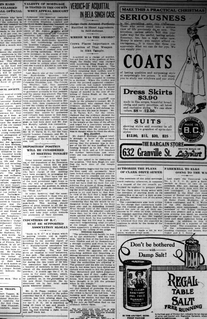 Newsclipping - Vancouver Sun: Verdict of acquittal in Bela Singh case. Page 2