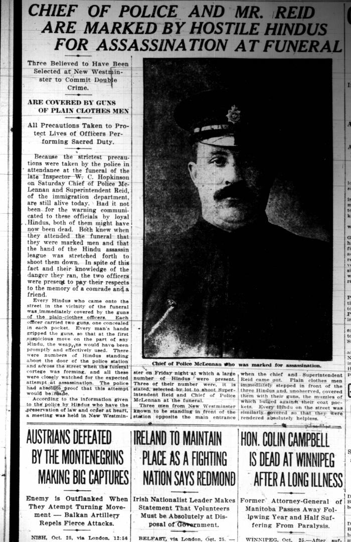 Newsclipping - Vancouver Sun: Chief of Police and Mr. Reid are marked by hostile Hindus for assassination at funeral