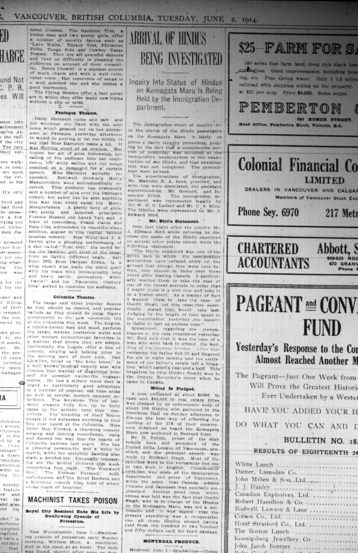 Newsclipping - Vancouver News-Advertiser: Arrival of Hindus being investigated. Page 7