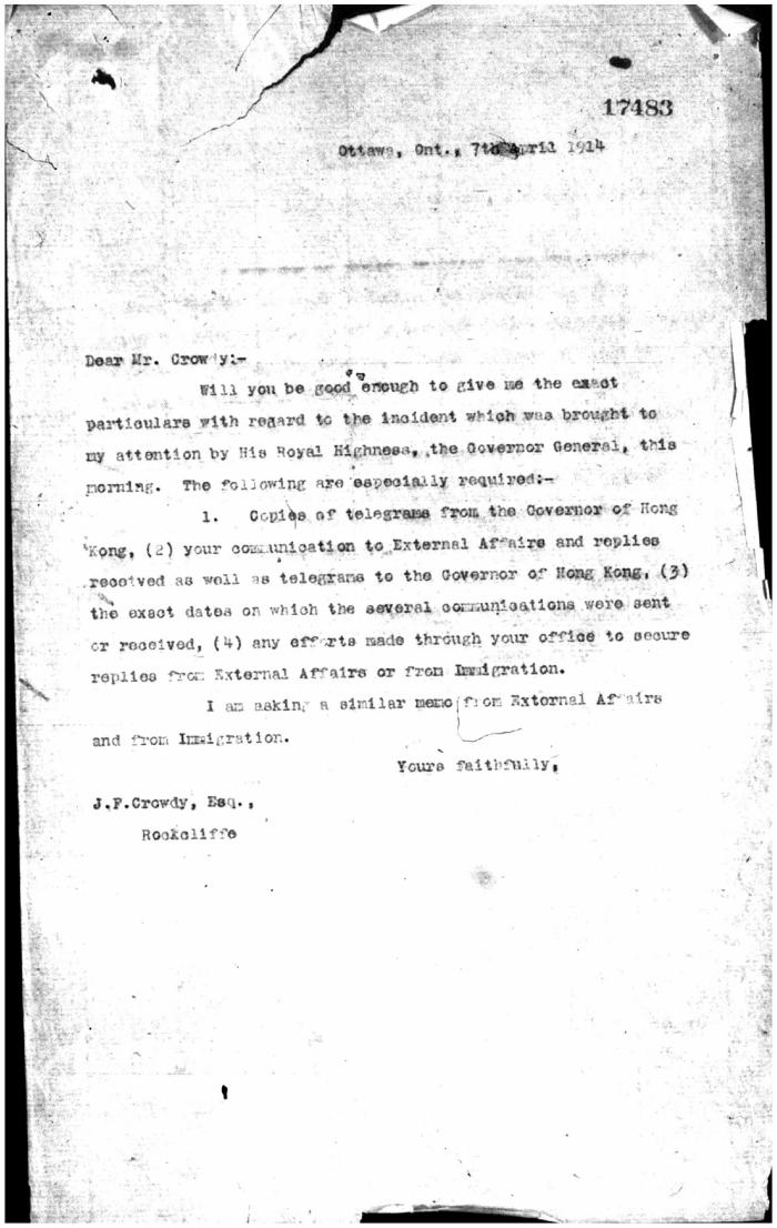 [Borden] to J. F. Crowdy