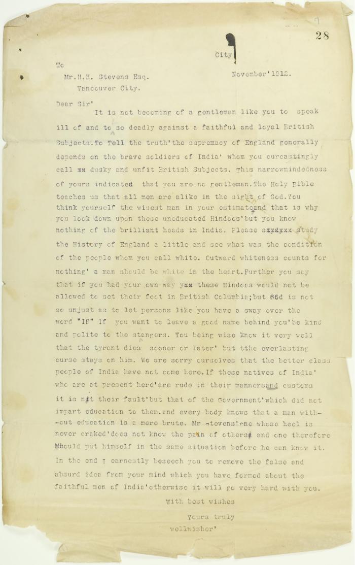 Letter, unsigned, to H. H. Stevens criticising his attitude towards Hindu Immigration