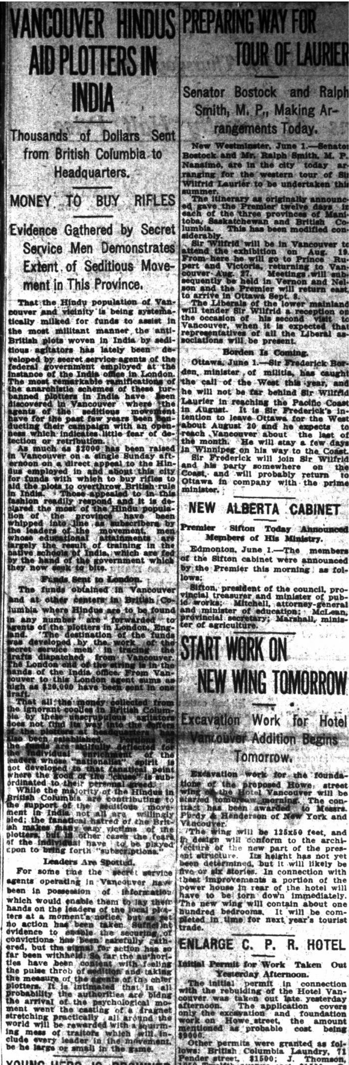Newsclipping - Vancouver Daily Province: Vancouver Hindus aid plotters in India. Page 1
