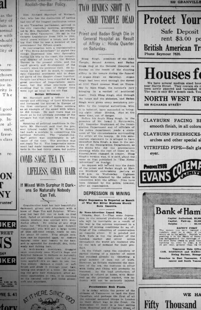 Newsclipping - Vancouver News-Advertiser: Two Hindus shot in Sikh temple dead. Page 6