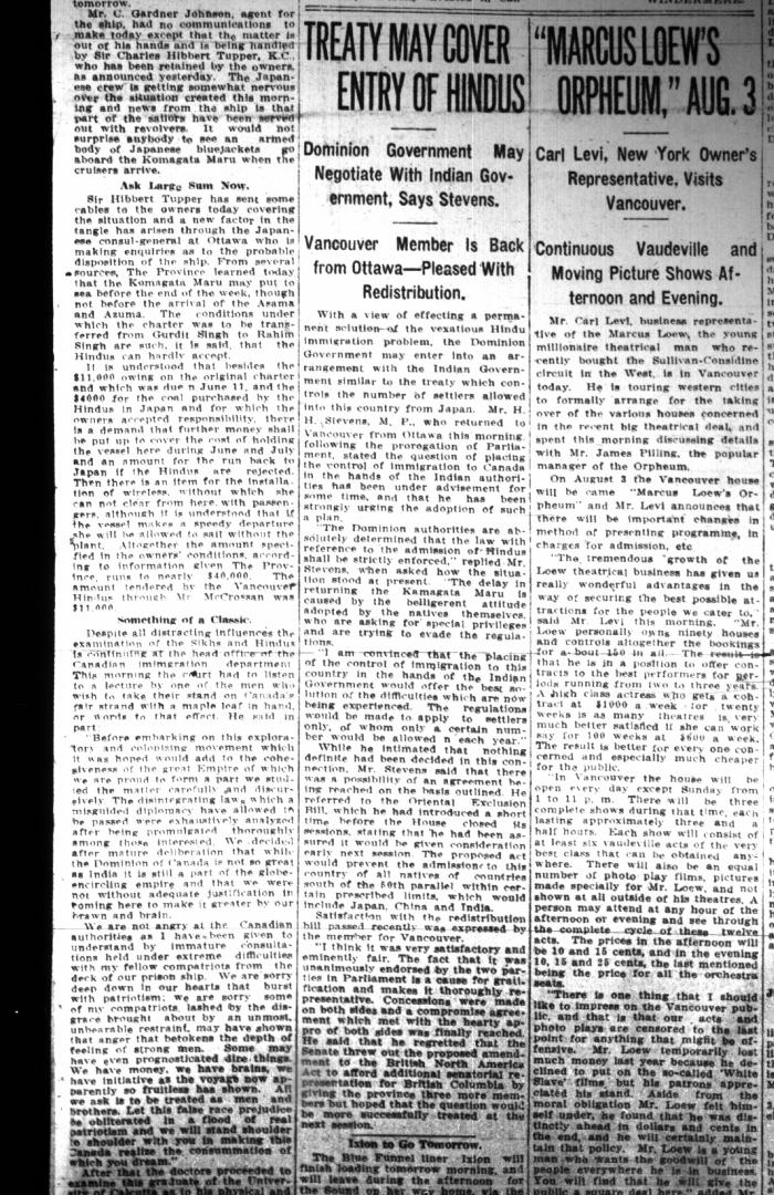 Newsclipping - Vancouver Daily Province: Treaty may cover entry of Hindus. Page 1