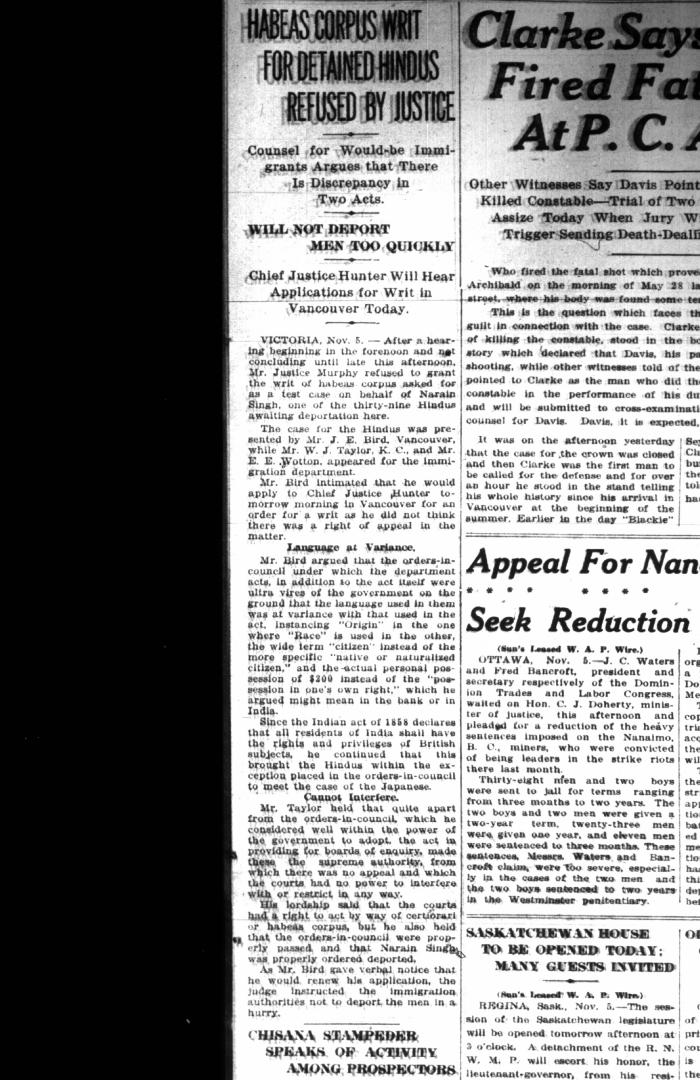 Newsclipping - Vancouver Sun: Habeas Corpus writ for detained Hindus refused by Justice. Page 1