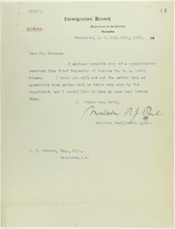Letter from Malcolm Reid to Stevens re his advancement in immigration work