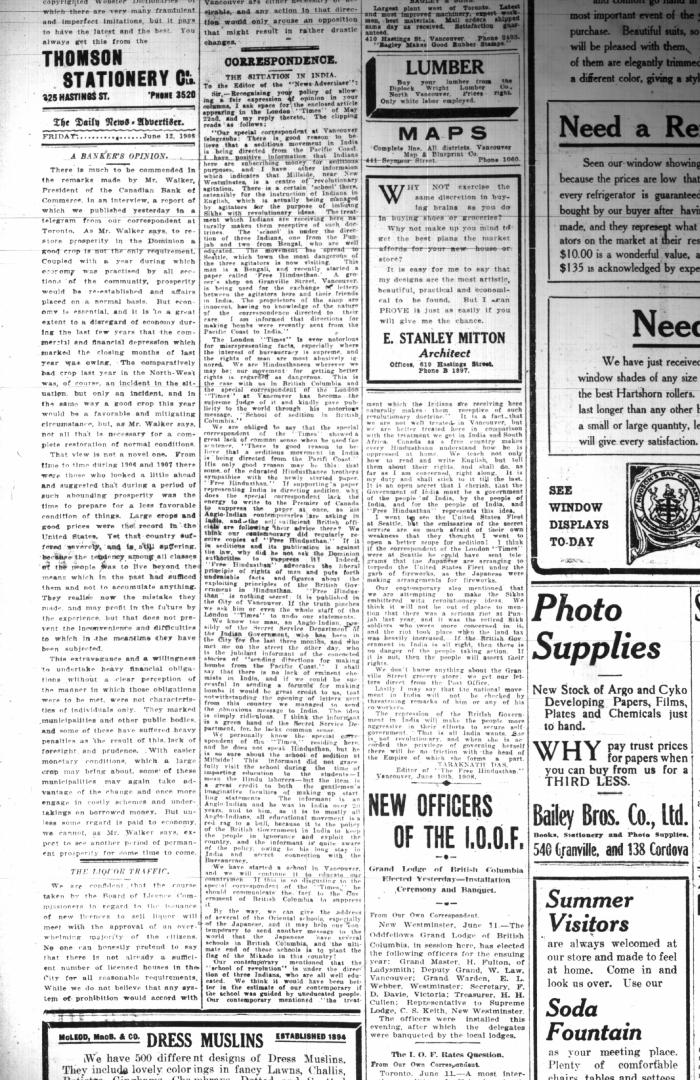 Newsclipping - Vancouver News-Advertiser: Correspondence: The situation in India. Page 4
