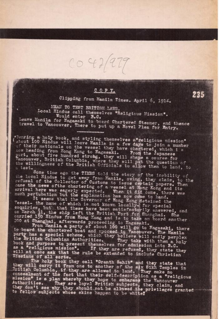 Copy: Clipping from Manila Times. April 6, 1914: Mean to test British laws