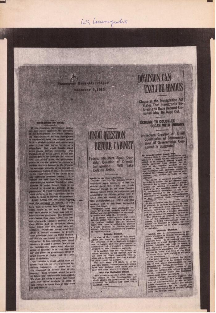 Newsclippings - Vancouver News-Advertiser: Exclusion by race; Hindu question before Cabinet; Dominion can exclude Hindus