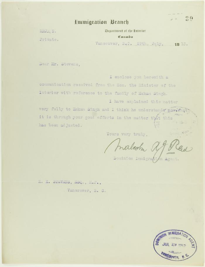 Letter from Malcolm Reid to Stevens, enclosing communication from the Minister of the Interior re family of Hakam Singh