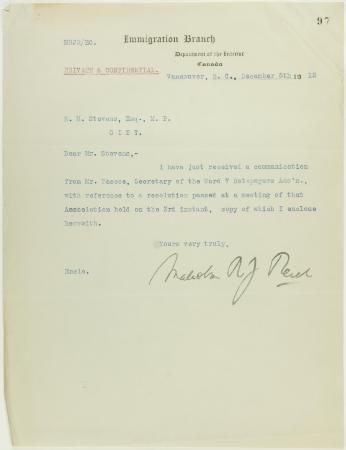 Letter from Malcolm Reid to Stevens re letter received (see p. 96)