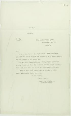 Copy of letter from Daljit Singh to the Immigration Agent re supply of fresh water
