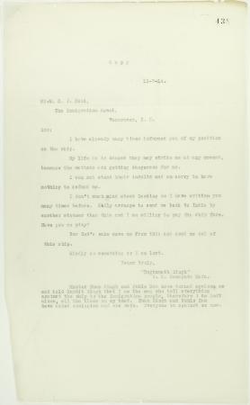 Copy of letter from Dr. Singh to Reid (see p. 437)