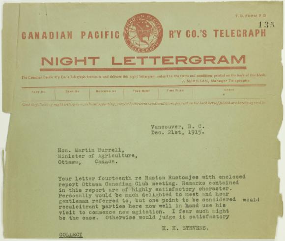 Telegram from Minister of Agriculture to Stevens re avoidance of renewed Hindu agitation