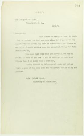 Copy of letter from Daljit Singh to the Immigration Agent