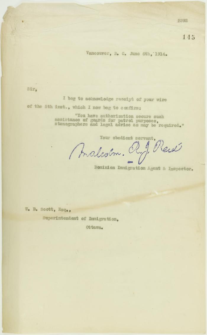 Copy of letter from Malcolm Reid to W. D. Scott re authorization of guards for patrol