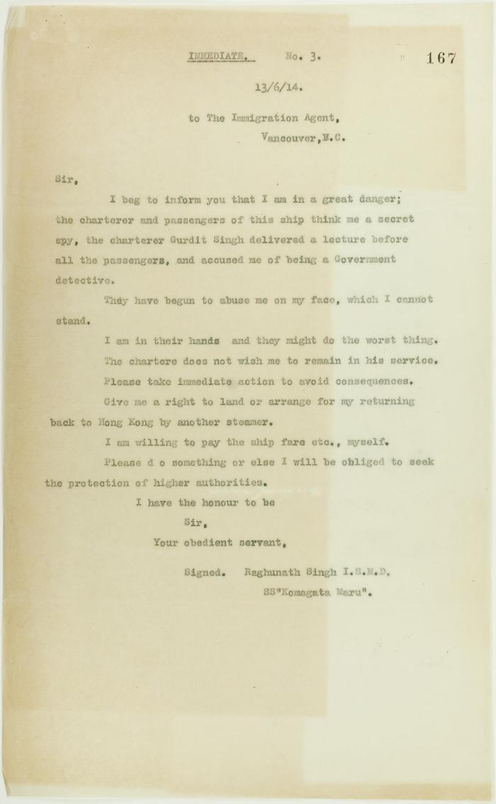 Copy of letter from Raghunath Singh requesting to be taken off the Komagatu Maru