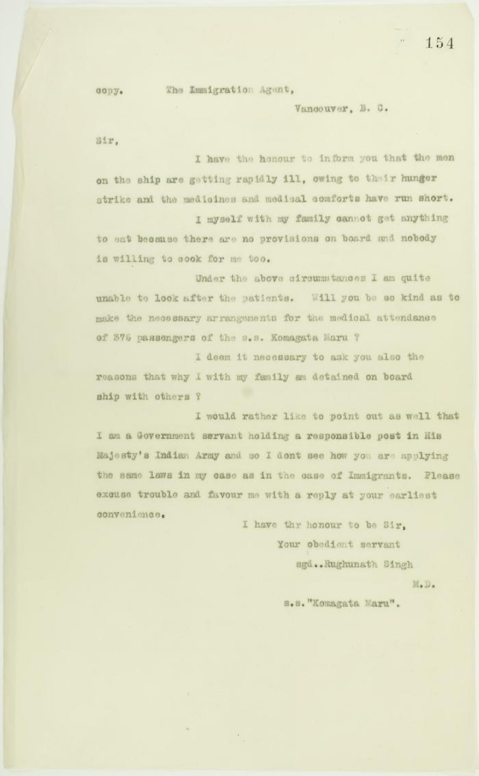 Copy of letter from Rughunath Singh to Reid re sickness on board, and re his own family's landing