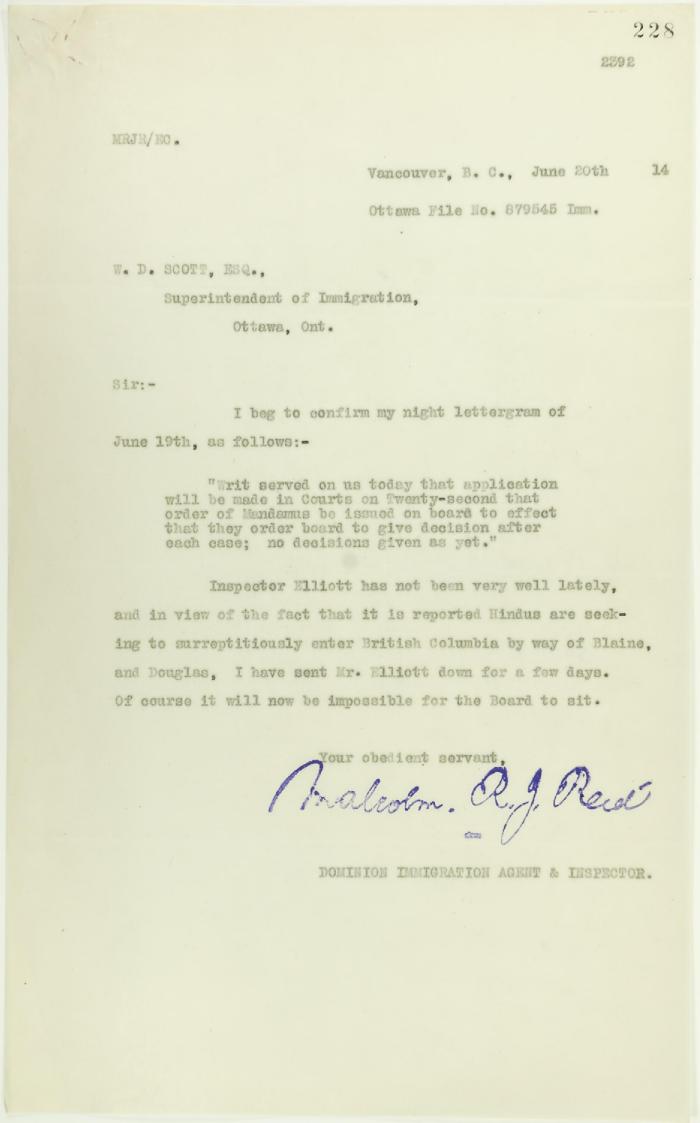 Copy of letter from Reid to W. D. Scott confirming night-letter
