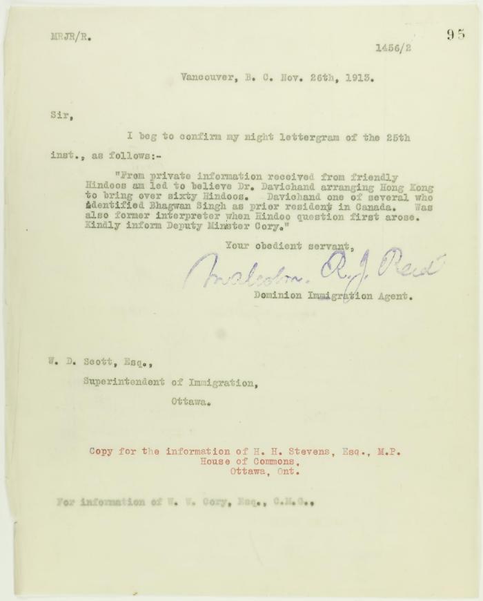 Copy of letter from Malcolm Reid to W. D. Scott re Dr. Davichand's plan to bring in sixty Hindus