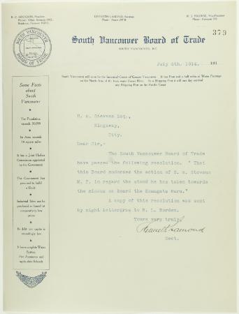 Letter from South Vancouver Board of Trade to Stevens re endorsement of stand towards Komagatu Maru