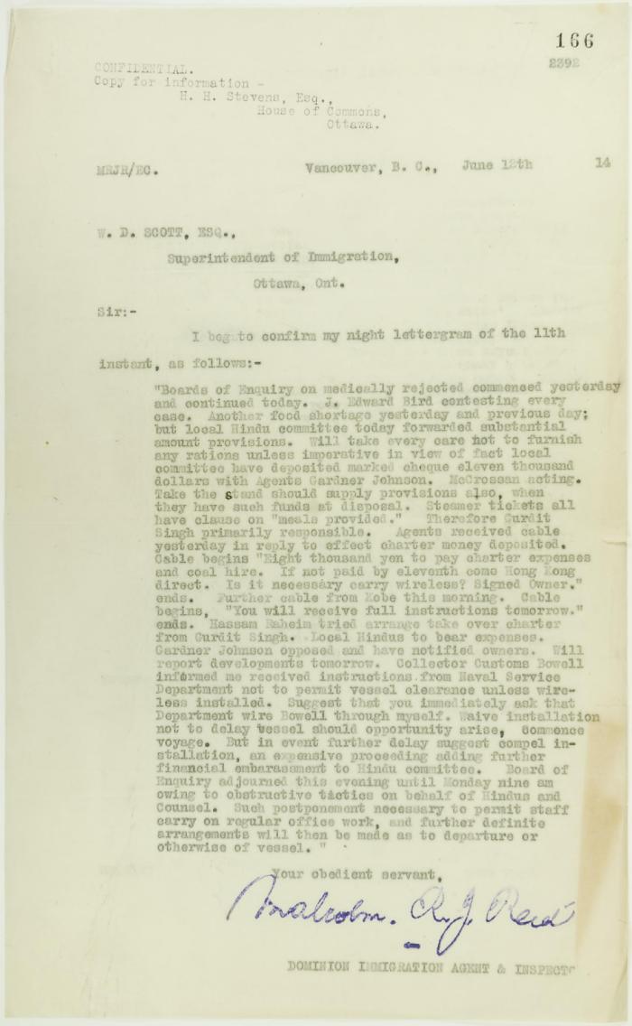 Copy of letter from Reid to W. D. Scott re work of Boards of Enquiry and re responsibility to provision the ship