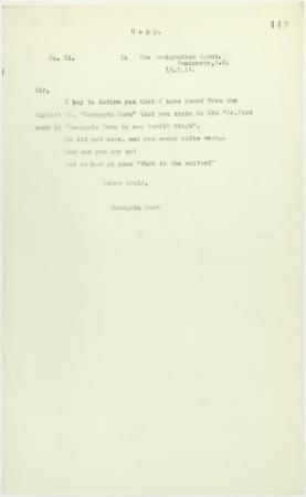 Copy of letter, unsigned, to the Immigration Agent