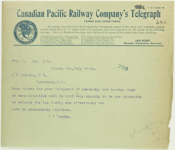 [Telegram from Borden to Stevens] See p. 572
