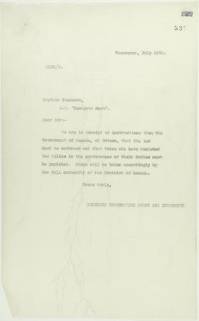 Copy of letter from Reid to Capt. Yamamoto re enforcement of Canadian law