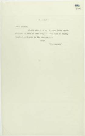 Covering letter re following account to be submitted to newspapers