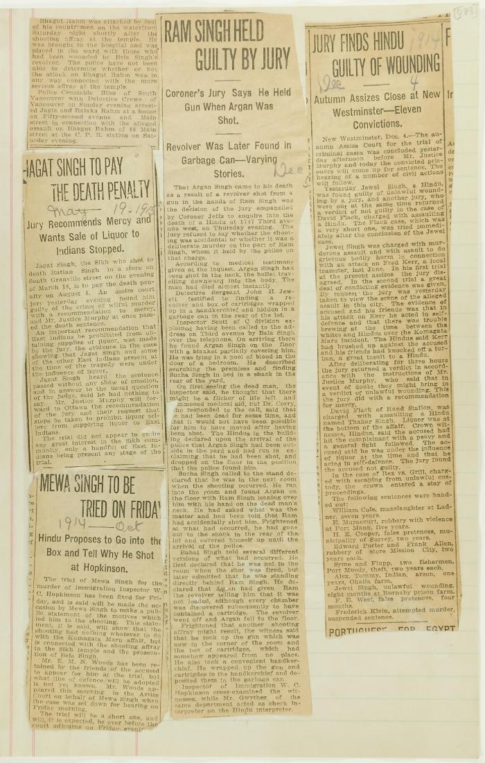 Newsclippings - Jagat Singh to pay the death penalty; Mewa Singh to be tried on Friday; Ram Singh held guilty by jury; Jury finds Hindu guilty of wounding