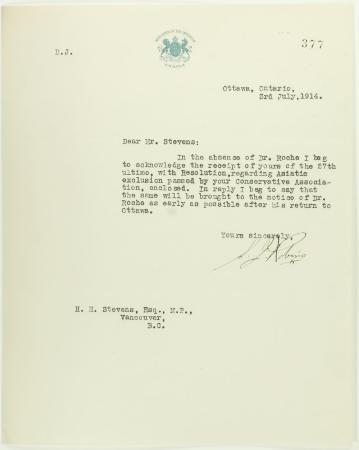 Letter from the Office of the Minister of the Interior to Stevens acknowledging Resolution re Asiatic exclusion passed by Vancouver Conservative Association