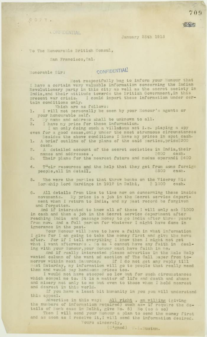 Copy of letter from M. L. Rustum to the British Consul in San Francisco, offering information for sale re Indian Revolutionary party