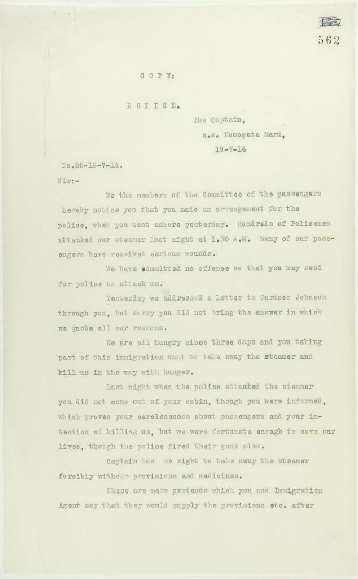 See pp. 546-547. Page 1-2 [Copy of letter from committee of passengers to Capt. Yamamota re his arrangement with Vancouver police]