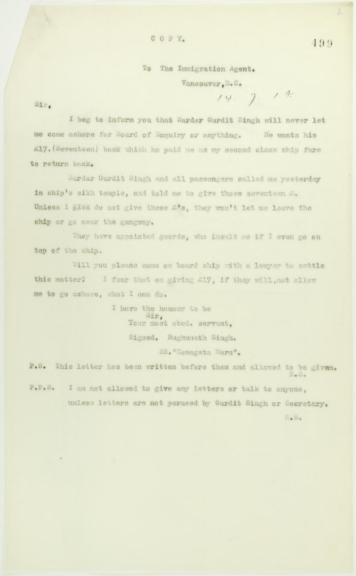 Copy of letter from Dr. Rughunath Singh to the Immigration Agent