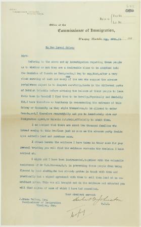 Copy of letter from Herbert G. Johnston to J. Bruce Walker, Commissioner of Immigration, Winnipeg, recommending the New Israel Colony from Russia