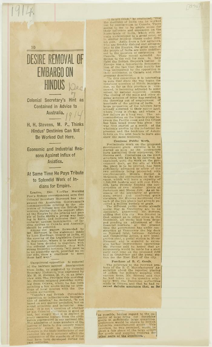 Newsclipping - Desire removal of embargo on Hindus
