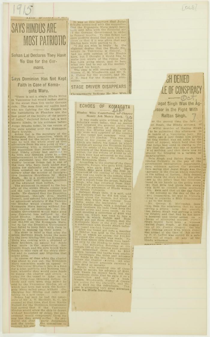 Newsclippings - Says Hindus are most patriotic; Echoes of Komagata; Singh denied [tale] of conspiracy