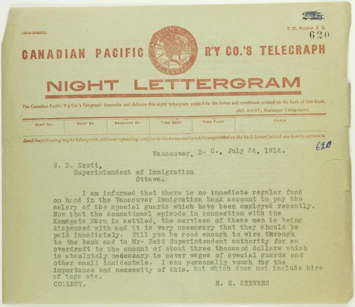 Telegram from Stevens to W. D. Scott re payment of special guards