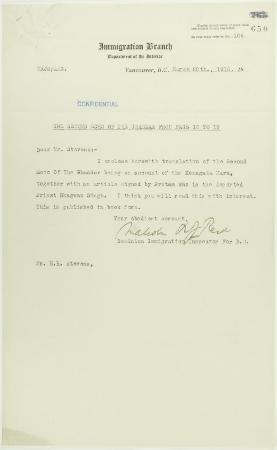 Letter from Reid to Stevens re an account of the Komagatu Maru