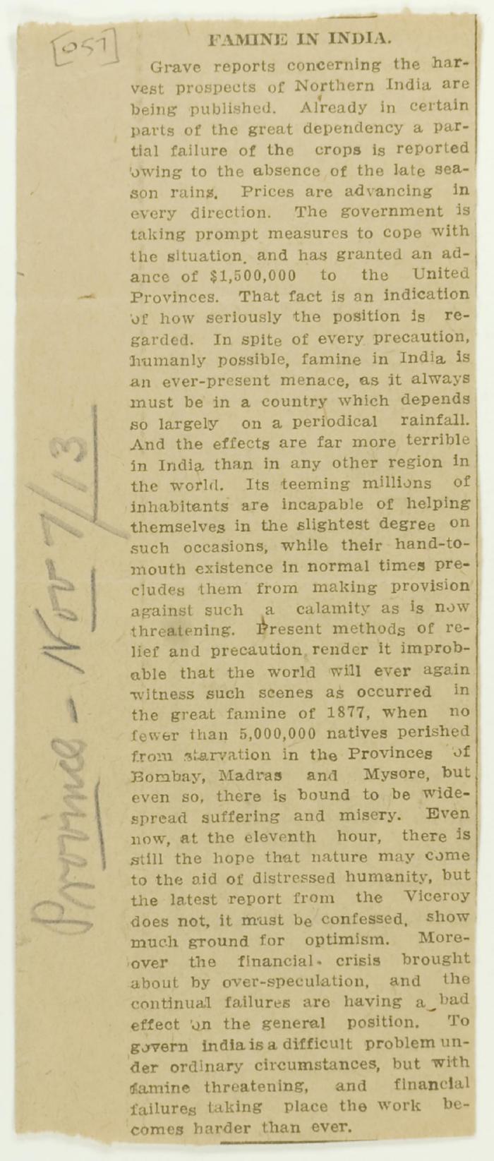 Newsclipping - Vancouver Daily Province: Famine in India