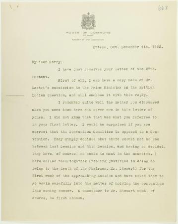 Letter from Meighen to Stevens re conventions to be held in the West, and enclosing Mr. Shastri's submission. Page 1-3